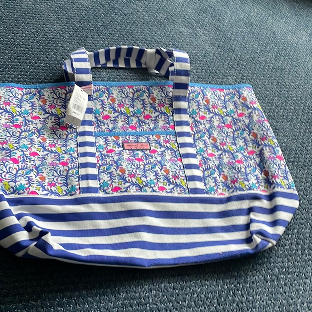 Vineyard Vines Blue White Floral Stripe Tote - Picture 1 of 6